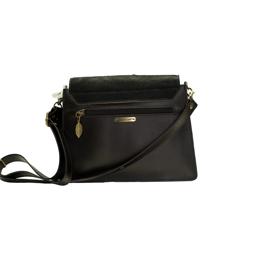 Sac Camille - Noir Lisse & rabat en cuir à poils – Image 2