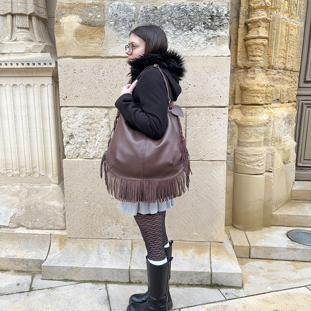 Sac à franges en cuir marron